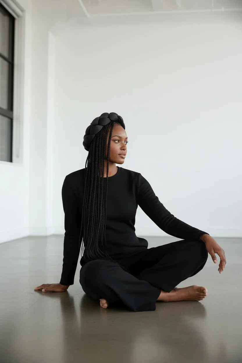 Woman sitting on studio floor, in all black outfit with a comfy braided headband accessory
