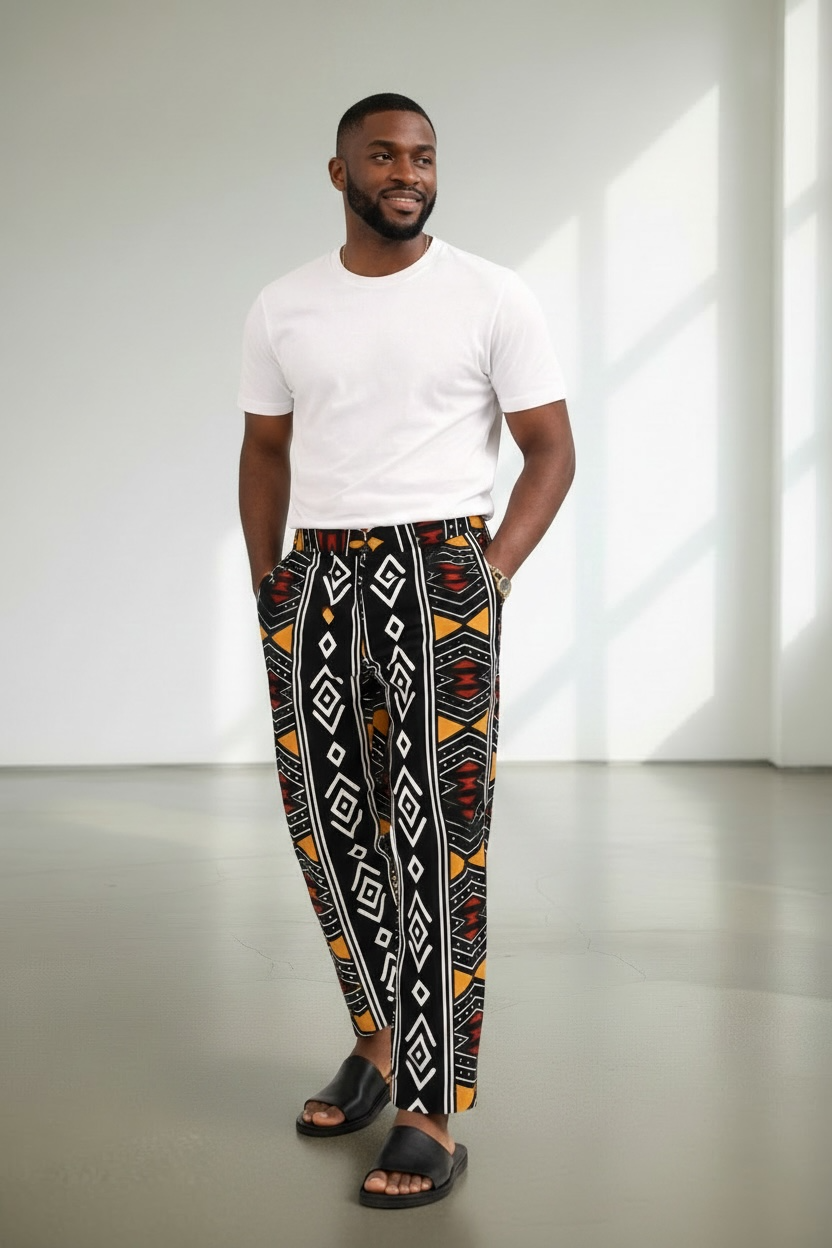 Man in African print trousers with geometric patterns, crafted from original African materials, styled with white tee and sandals.