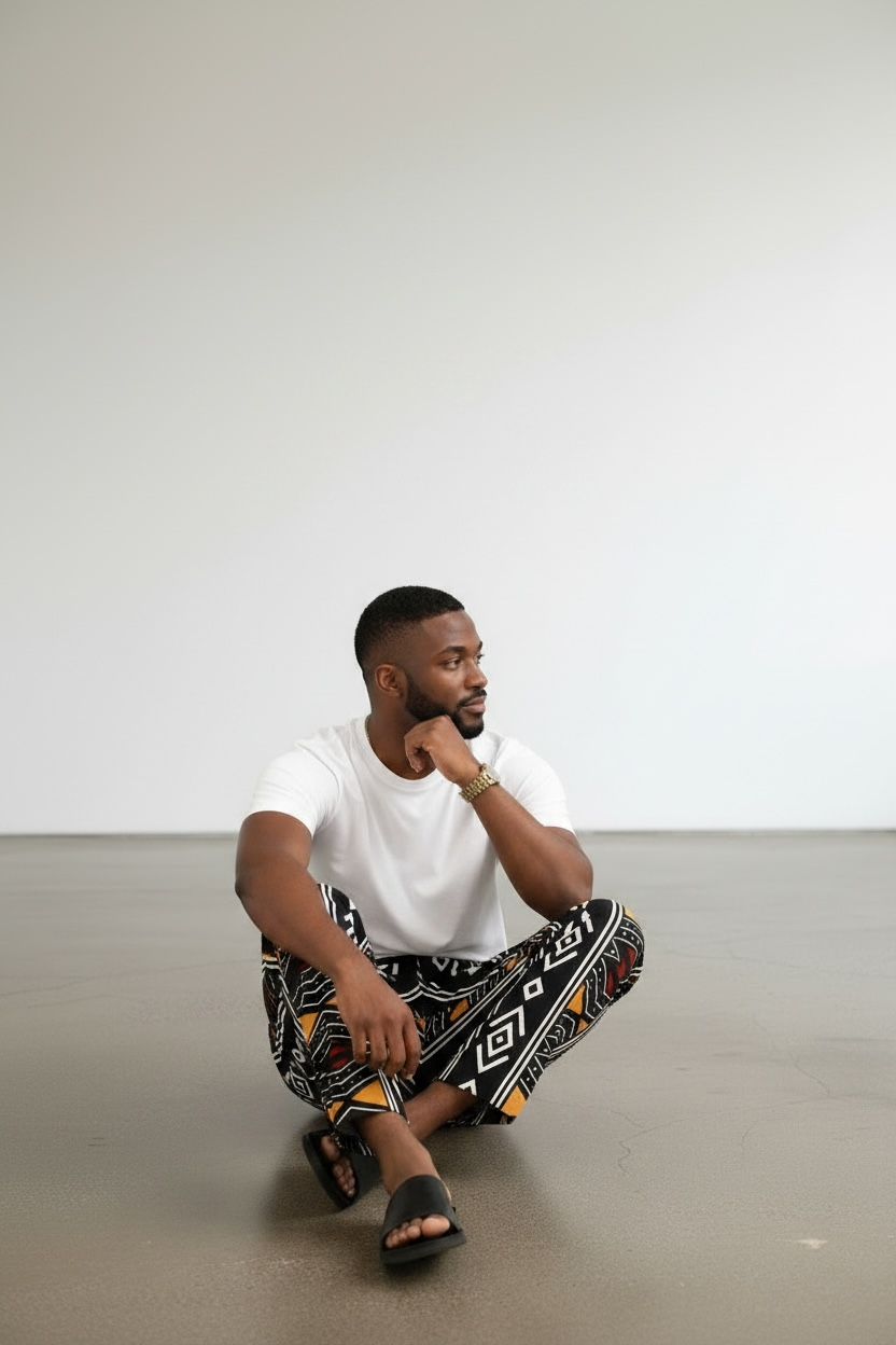 Man sitting on the floor wearing a white t-shirt and patterned pants against a plain background