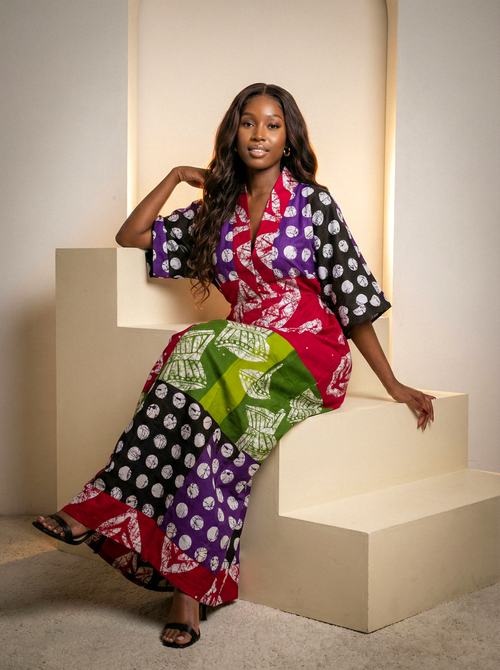 Woman in a multicoloured African Bou Bou Dress - Kanyin