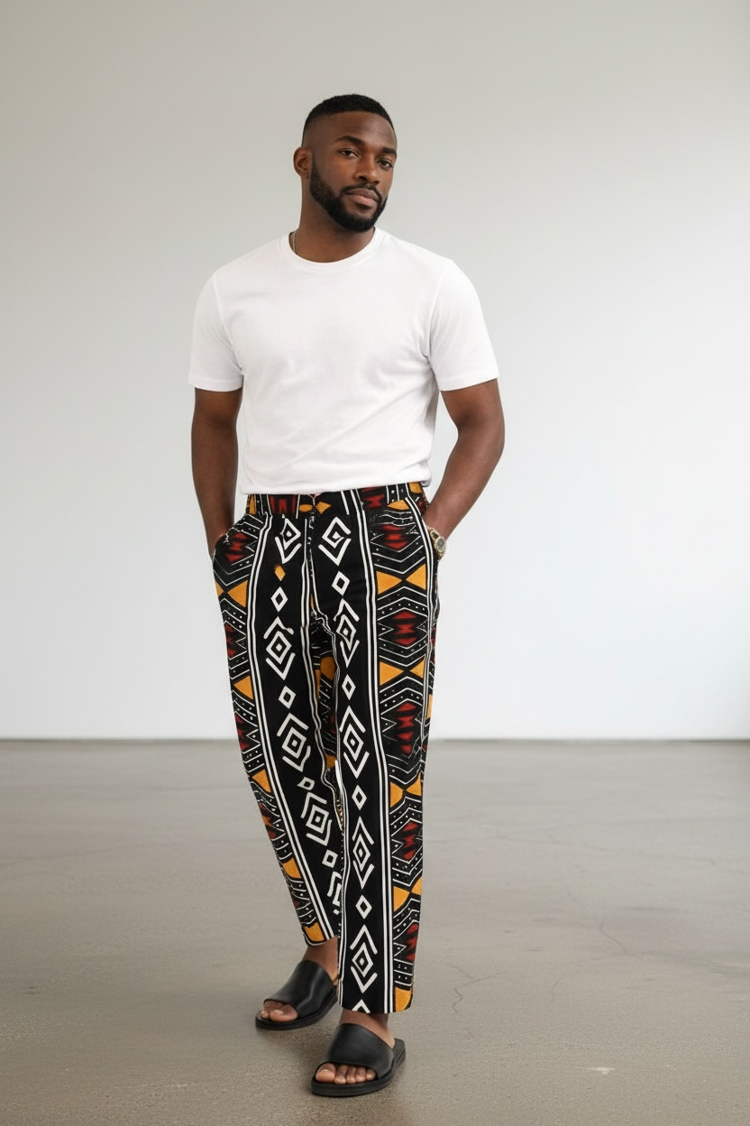 Men's African print boubou pants in original Ankara fabric, bold geometric patterns, modern luxury style