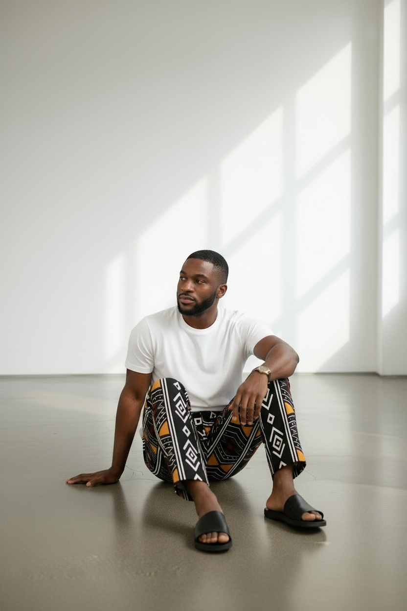 Man in African print boubou pants with geometric patterns, crafted from original African materials, paired with white tee.