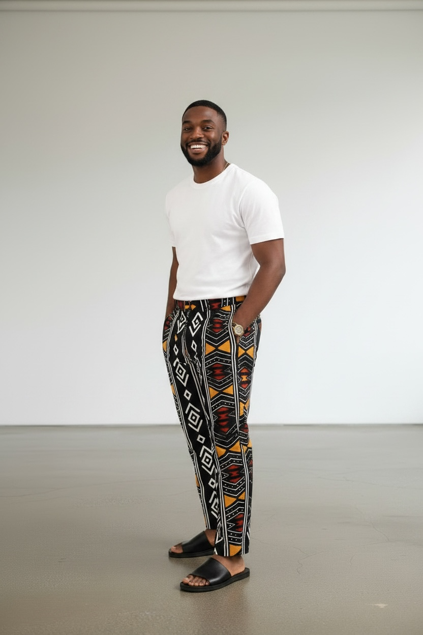Man wearing African print boubou pants with geometric patterns, crafted from original African materials, paired with white tee.