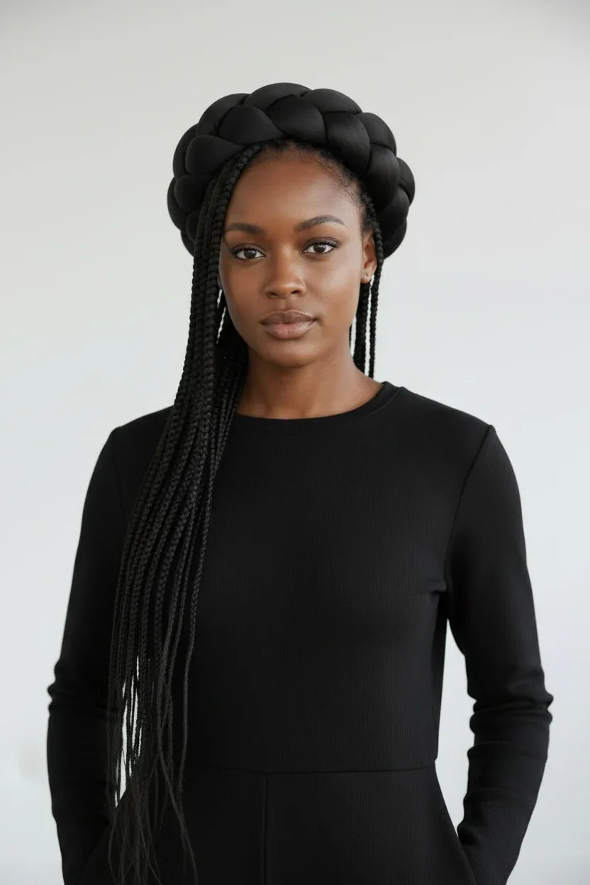 Woman with braided hair wearing a black outfit against a white background