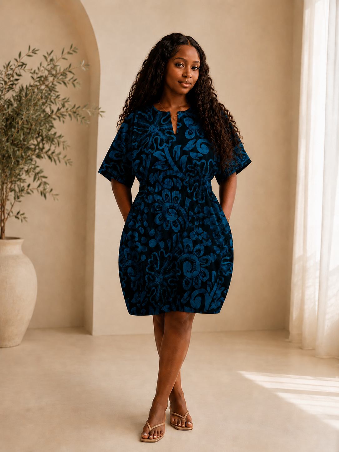 Woman wearing a short blue African wax print, ankara boubou dress standing in a well-lit room with a plant and vase in the background.