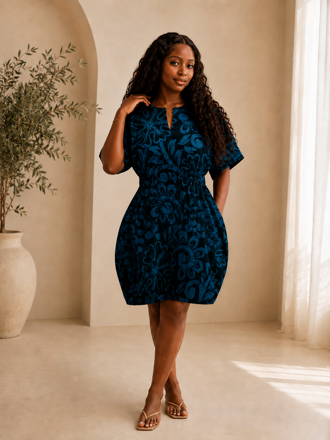 Woman wearing a blue patterned ankara, African wax print boubou dress standing in a room with a plant and coloured walls.