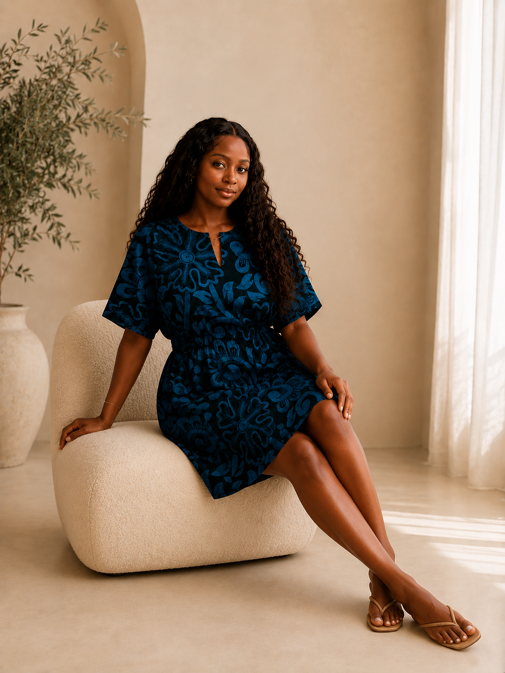 Woman in a short blue ankara African wax print boubou dress sitting on a white chair in a bright room.
